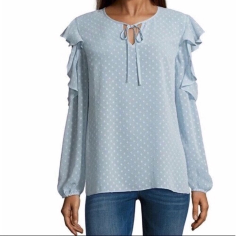Libby. Edelman Sheer Ikat Blue Open Shoulder Top